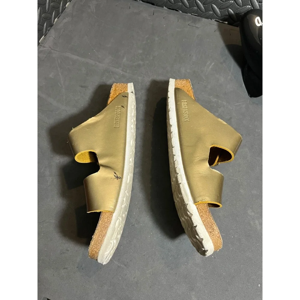 Birkenstock Arizona Sandals Mens 42 Gold Metallic Double Strap Cork Slides